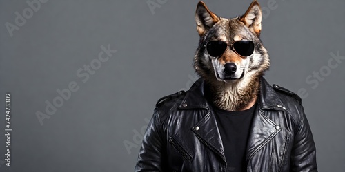 Portrait of a wolf in sunglasses and a leather jacket on a dark background. Advertising banner with copy space. Creative animal concept. © 360VP