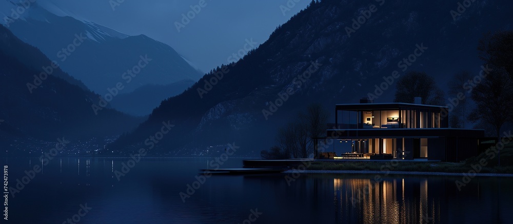 Minimalist luxury housing on the edge of a lake with a dark mountain backdrop Minimalist luxury housing on the edge of a lake with a dark mountain backdrop