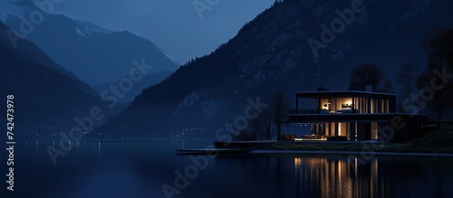 Minimalist luxury housing on the edge of a lake with a dark mountain backdrop © zaen_studio
