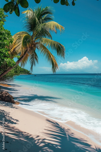 Tropical beach scene with palm trees and crystal-clear ocean water, creating a serene and relaxing paradise getaway under the bright sun