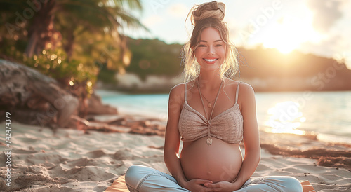 Young happy pregnant woman practicing yoga at sea during summer vacation, sitting in lotus position on white sand beach. Healthy lifestyle concept during pregnancy #742474379