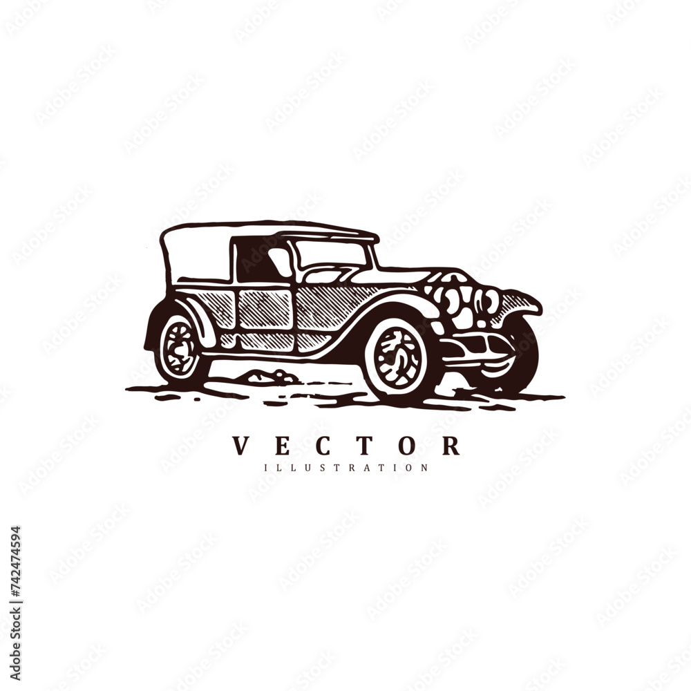 Vintage retro hand drawn engraved antique car vector art illustration