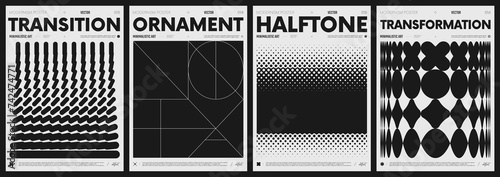 Modern abstract poster collection, vector minimalist posters with geometric shapes in black and white, brutalist style inspired graphics, bold aesthetic, shape distortion effect set 4 photo