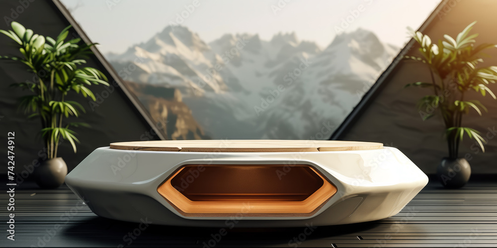 Fototapeta premium Futuristic podium in a studio with plants and mountains background.