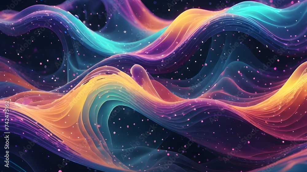 Vivid liquid glowing waves and shiny particles abstract background
