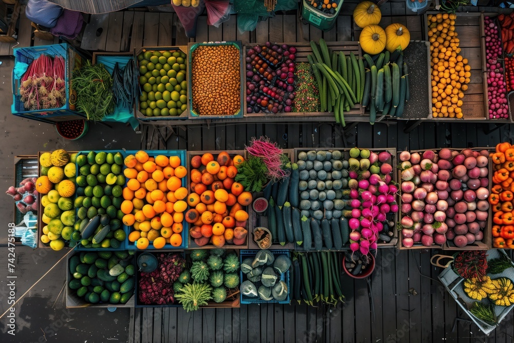 Aerial View of a Colorful Fresh Produce Market Stall