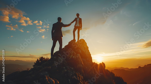 Hiker reaching the top of mountain with raised hands and a brilliant magic hour sunset background, success concept, team work concept © Yuki Liu