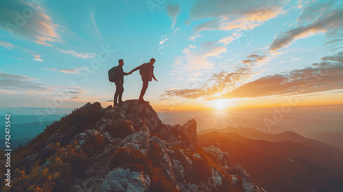 Hiker reaching the top of mountain with raised hands and a brilliant magic hour sunset background, success concept, team work concept