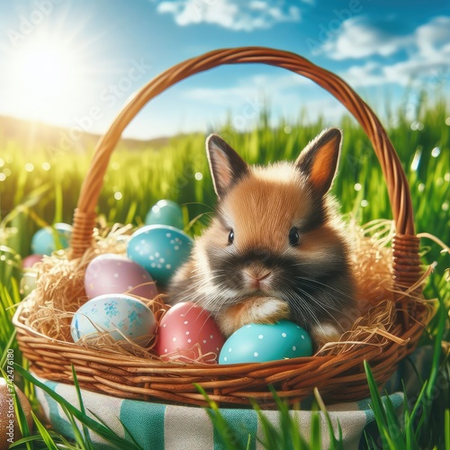 Easter bunny on a beautiful spring meadow with dandelions in front of a basket with Easter eggs