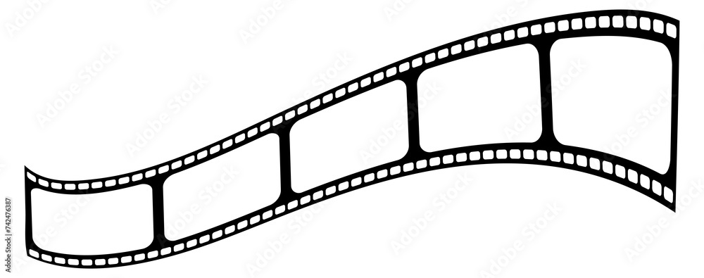 Wavy film with empty frames for your content. Reel, tape, movie, cinema, filming, director, cinematography, video, filmstrip, negative, retro, recording, vintage, celluloid, cinefilm. Vector