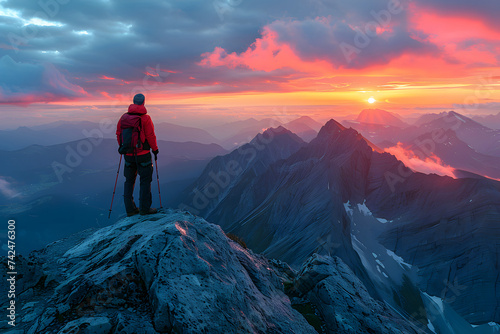 Hiker reaching the top of mountain with raised hands and a brilliant magic hour sunset background, success concept, team work concept