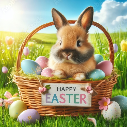 Easter bunny on a beautiful spring meadow with dandelions in front of a basket with Easter eggs