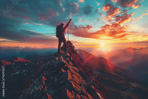 Hiker reaching the top of mountain with raised hands and a brilliant magic hour sunset background, success concept, team work concept