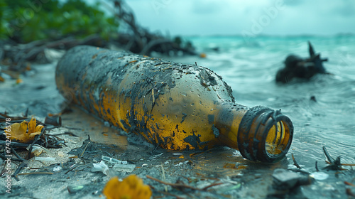 A yellow plastic bottle washed up on the sandy shore of the beach