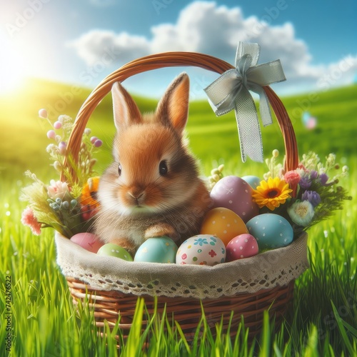 Easter bunny on a beautiful spring meadow with dandelions in front of a basket with Easter eggs