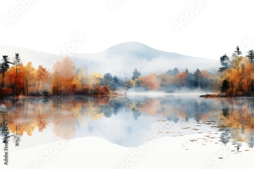 Autumnal Reflections: Misty Lake & Mountain in New England Park