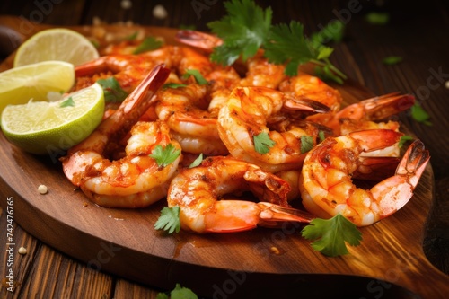 Cajun Shrimp on a Maple Plank with Lime Wedges. A Deliciously Flavored Epicurean Dinner Meal