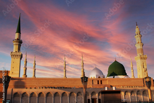 A mosque with a green dome . Masjid nabi of Medina. Green dome. photo