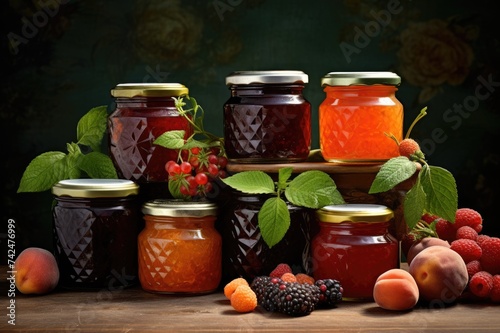 Assortment of Organic Jams with Seasonal Berries, Fruits and Mint. Delicious Confiture