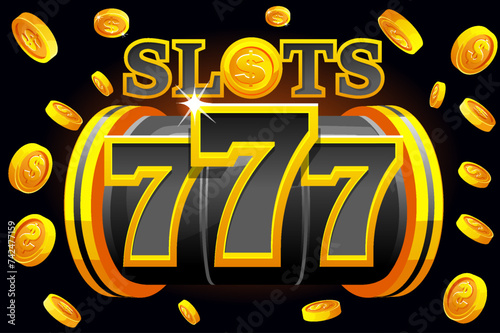 Slot machine 777 with explosion coins. Golden and black Banner for the casino game.