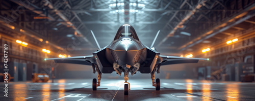 Fighter Jet parked inside a military hangar. photo