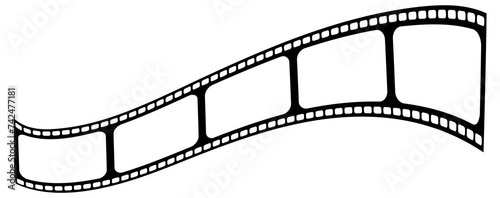 Wavy film with empty frames for your content. Reel, tape, movie, cinema, filming, director, cinematography, video, filmstrip, negative, retro, recording, vintage, celluloid, cinefilm. Vector