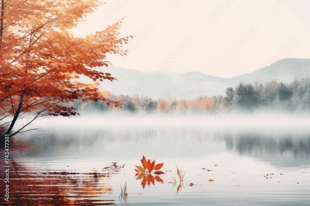 Autumnal Misty Lake in New England Park with Fog and Mountain Reflections - obrazy, fototapety, plakaty 