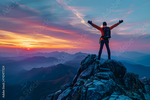 Hiker reaching the top of mountain with raised hands and a brilliant magic hour sunset background, success concept, team work concept