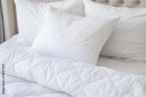 Closeup of White Pillows on Bed in a Clean Apartment with Soft Bedding and Bedcover