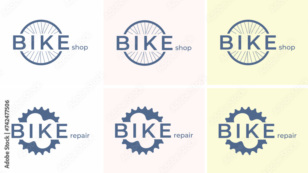 Bike shop and bike repair logo. Bicycle shop logo. Sale of bikes. Spare parts for repair and maintenance of bicycles, workshop logo. Advertising banner. Flat color vector illustration. Isolated Bike shop and bike repair logo. Bicycle shop logo. Sale of bikes. Spare parts for repair and maintenance of bicycles, workshop logo. Advertising banner. Flat color vector illustration. Isolated