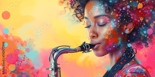Beautiful African American female musician playing jazz music on the saxophone. Portrait of a saxophonist on a yellow background. Women's Day. Colorful illustration with place for text photo