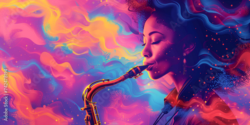 Beautiful African American female musician playing jazz music on the saxophone. Portrait of a saxophonist. Women's Day. Colorful illustration with place for text, poster for music festival photo