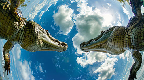 Bottom view of a crocodiles against the sky. An unusual look at animals.  photo