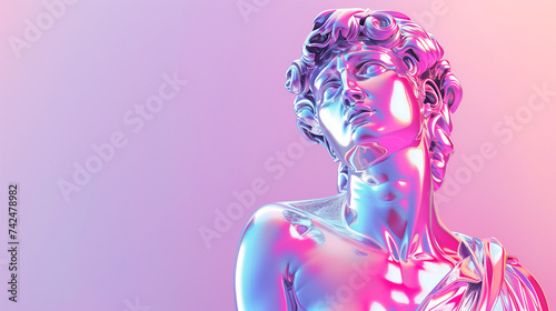 Abstract concept illustration from 3D rendering of silver chrome reflecting classical torso sculpture of a female in vaporwave color palette gradient background