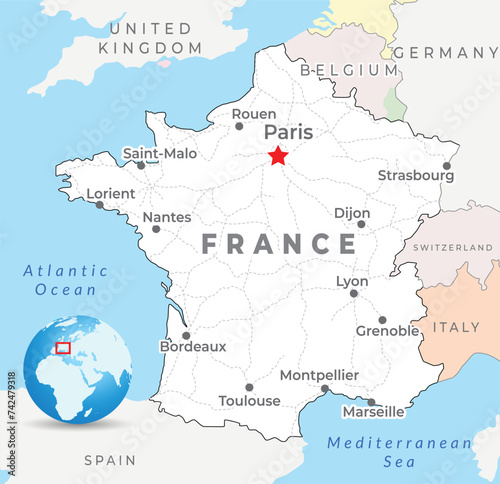 France map with capital Paris, most important cities and national borders