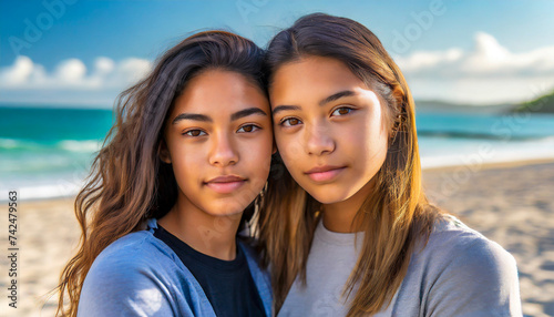 Portrait of two teenage girls on the beach  the concept of travel and holiday vacation