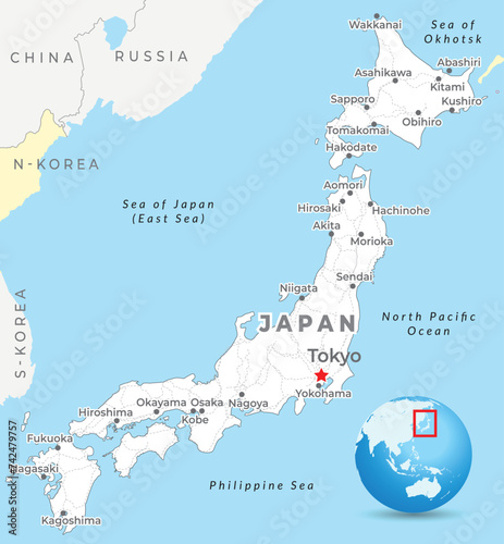 Japan map with capital Tokyo  most important cities and national borders