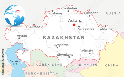 Kazakhstan map with capital Astana, most important cities and national borders