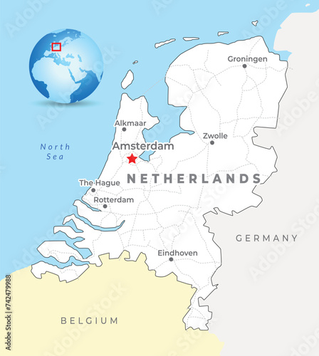 Netherlands map with capital Amsterdam, most important cities and national borders