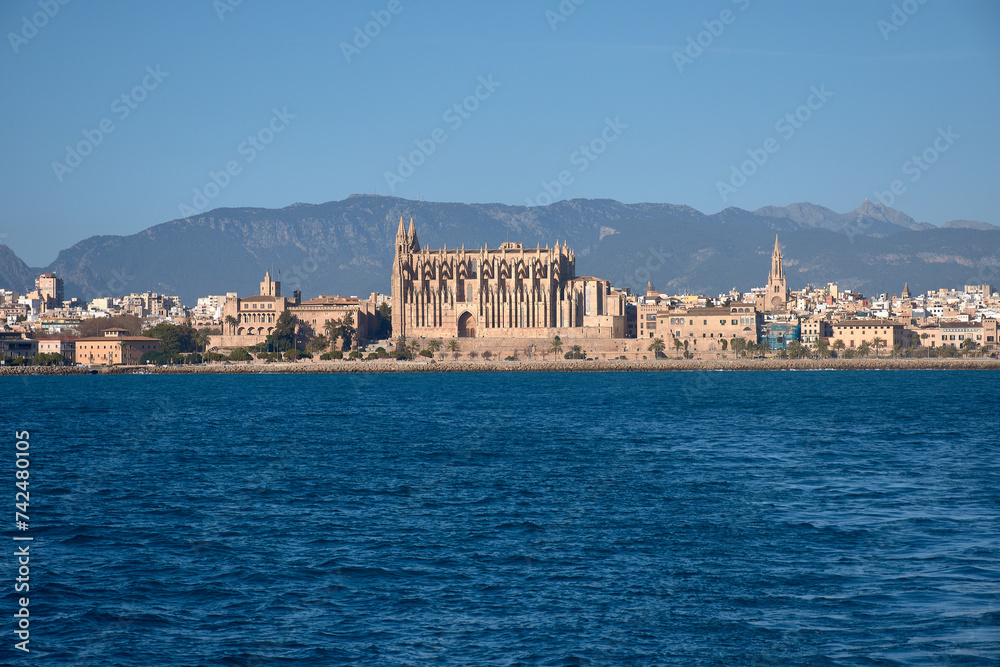Palma Cathedral from a boat, Palma, Mallorca, Balearic Islands, Spain, Europe