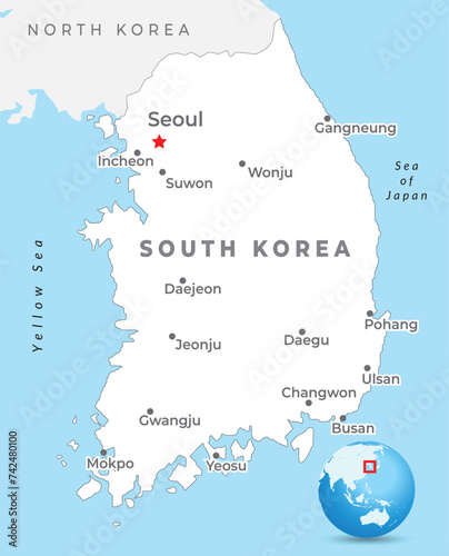 South Korea map with capital Seoul, most important cities and national borders