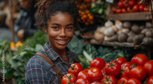 Young woman smiling at camera holding a tomato at a market stall  ai generated