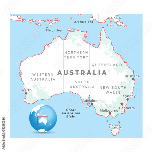 Australia region map, with capital Canberra
