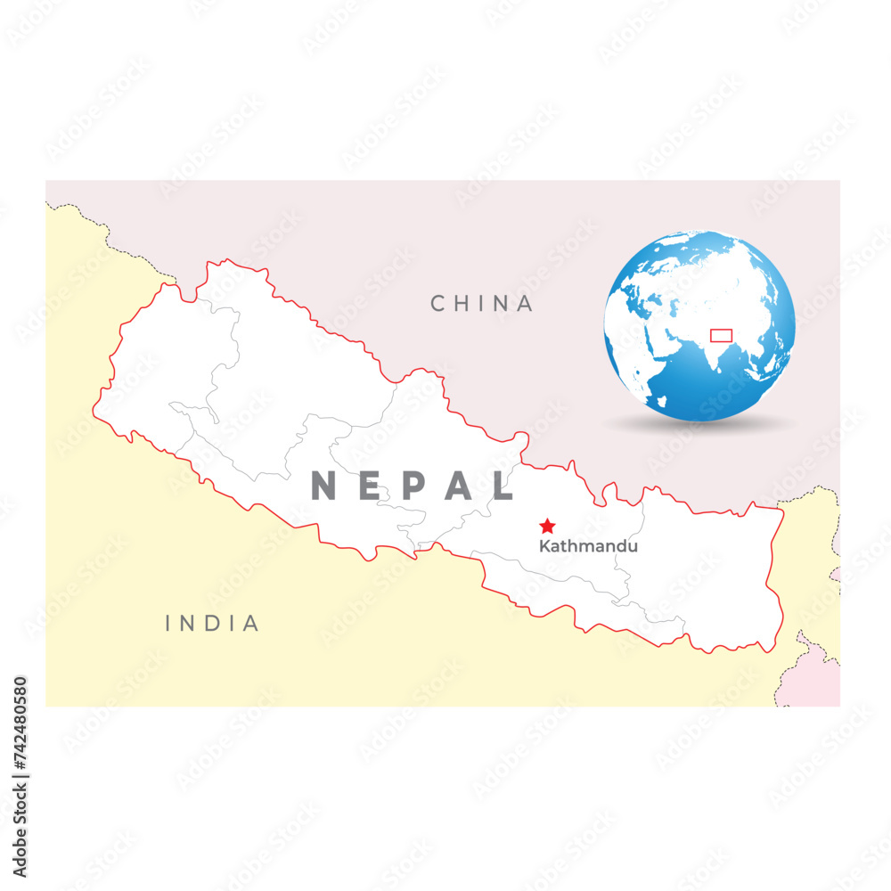 Nepal map, capital Kathmandu, with national borders