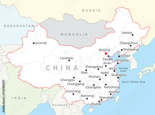 China map with capital Beijing, most important cities and national borders photo