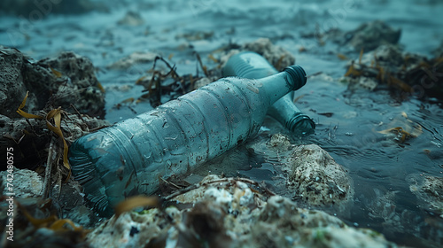 a plastic bottle is laying on the rocks in the water