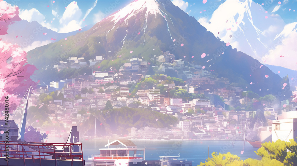 2d illustration of iconic Japanese mountain views, anime background