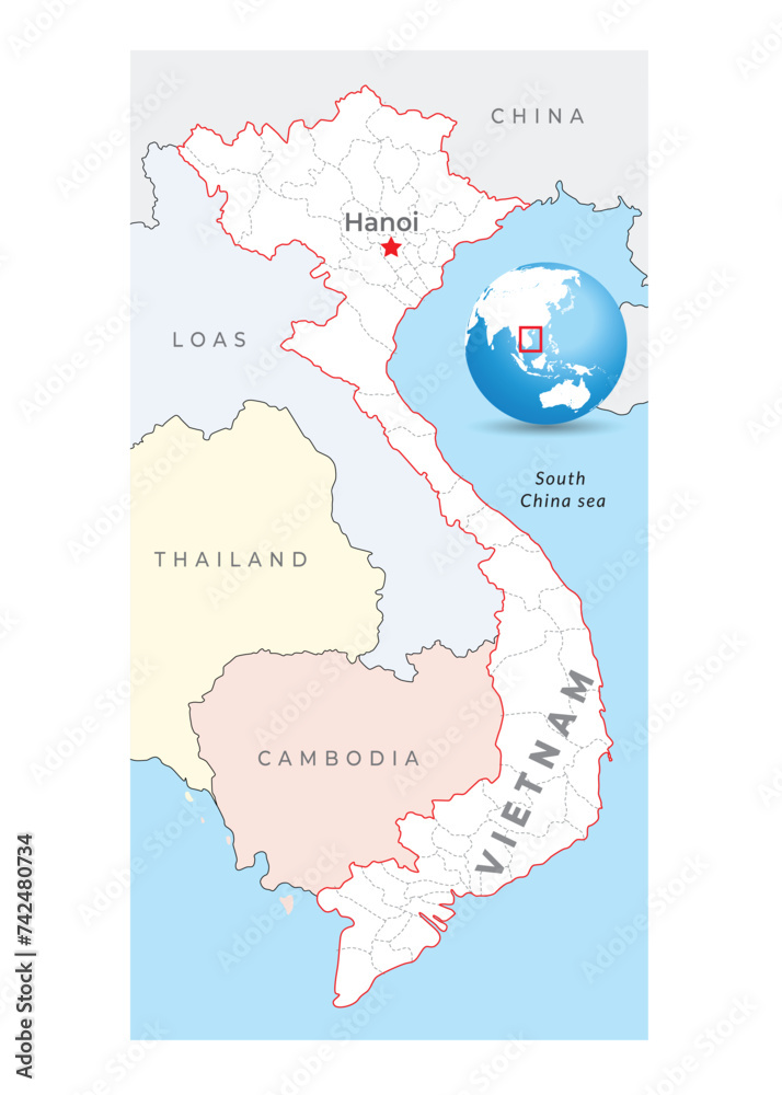 Vietnam map, capital Hanoi, with national borders