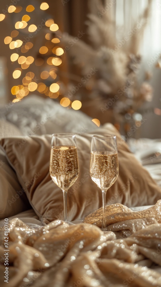 Close up cozy and romantic room with glasses of white wine on bed