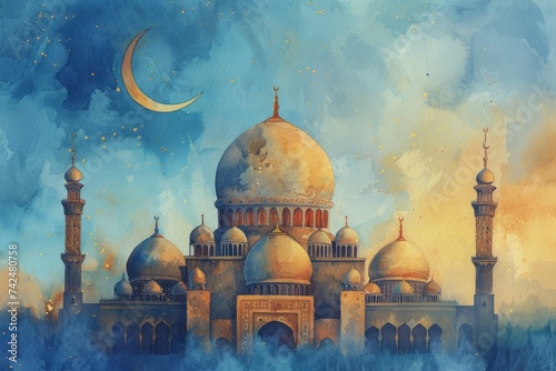 The dome of the mosque and the crescent moon in the blue twilight sky  in watercolour style